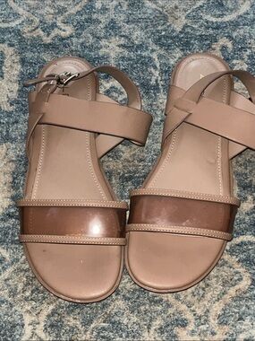 Aldos Neutral Taupe Slide Sandals with Clear Accent 8.5